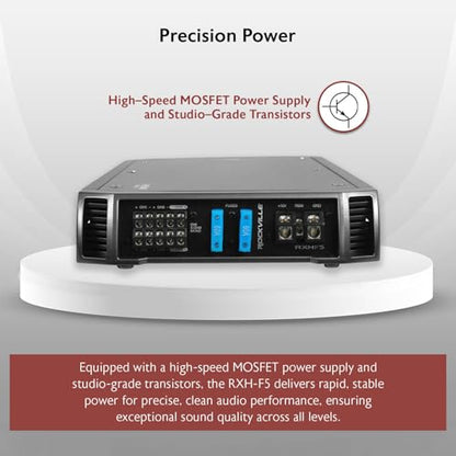 Rockville RXH-F5 3200W 5-Channel Car Amplifier, Dyno-Certified RMS, MOSFET Power Supply, ELNA Capacitors, Class-A/B D, Perfect for Car Audio and Subs | Class A/B + D, MOSFET, High-Level Input, Bass Knob, 2-Ohm Stable, Bridgeable, Crossover, Subsonic Filte
