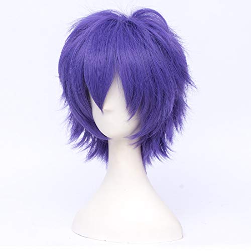 LABEAUTÉ Short Dark Lavender Anime Cosplay Wig Male Men Anime Layered Unisex Heat Resistant Hair Wig with Bangs for Party and Halloween for Gift + Free Cap - color: Dark Lavender