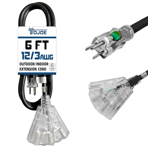 YOJOE 3-Outlets Indoor Outdoor Extension Cord with Lighted End, 3 Prong 15A Weatherproof Power Cord, 12 Gauge Heavy Duty 6 ft Black Extension Cord Multiple Outlets, 12/3 SJTW UL Certified - color: Black, size: 6 Foot