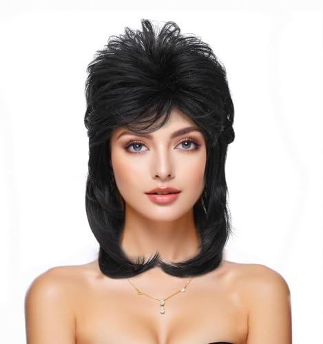 Mullet Wig, Retro Rocker Style Wig, 80s & 90s Costume Glam Party Accessory, Ideal for Halloween and Cosplay(Black) - color: w57-Black