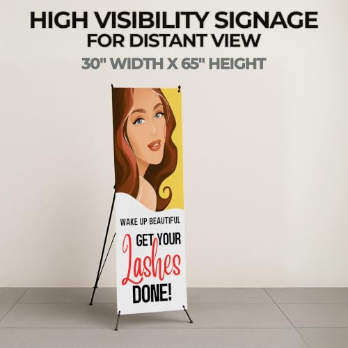 DreamController Lashes & Brows X-Stand Banner by DC | 30"x65" Tripod Display | Wake Up Beautiful Get Your Lashes Done Vertical Banner for Trade Shows & Events | Made in USA | (Stand Not Included) - color: Wake Up Beautiful Get Your Lashes Done, size: X Ba
