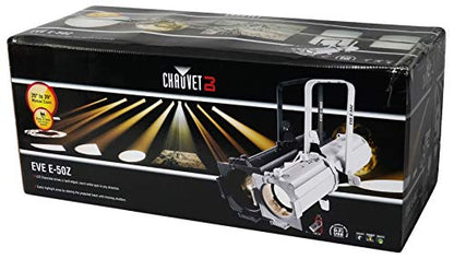 Audiosavings Bundle: Chauvet DJ EVE E-50Z Ellipsoidal Warm White D-Fi LED GOBO Spot Light Bundle with Rockville R720L Fog Machine, RDX3M25 25 Ft DMX Cable, Chauvet DJ CLP-15N Lighting Clamp (4 Items)
