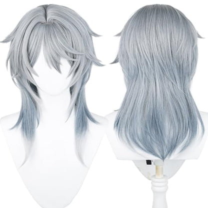 Anime Gray Blue Wig Fantasy Western Priest, Angel Style Halloween | Men Long Straight Wig Layered Haircut Christmas,Comic con Heat Resistant Fiber Wig Breathable Rose Mesh Inner Free Cap - color: Gray
