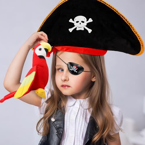 CUBACO Pirate Hat Costume for Cospaly, 3PCS Captain Hat Set Parrot Costume Adult Eye Patch Pirate Accessories Gift for Women Men Halloween School Shows and Theater Performance