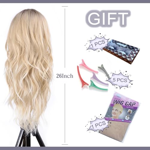 Aida ble Blonde Ombre Wig for Women 26inch Long Wavy Middle Part Wig | Natural Looking Synthetic Hair,Suitable for Daily Wear,Party,Halloween and Cosplay,Beginner-friendly,Lightweight and soft - color: Ombre Blonde