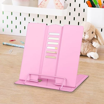 Honagu Small Book Stand Book Holder Metal Desk Book Stand for Reading Hands Free, Adjustable Cookbook Documents Holder, Portable Bookstand for Music Books, Textbook, Recipe, Tablet, Ipad (Pink) - color: Pink