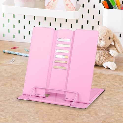 Honagu Small Book Stand Book Holder Metal Desk Book Stand for Reading Hands Free, Adjustable Cookbook Documents Holder, Portable Bookstand for Music Books, Textbook, Recipe, Tablet, Ipad (Pink) - color: Pink