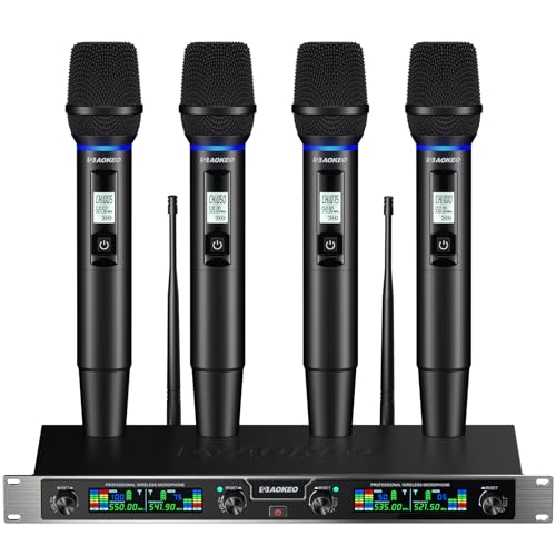 Aokeo Wireless Microphones System, 4 Channel UHF Wireless Mics,with 4 Handheld Dynamic Microphones,Metal Receiver for Karaoke,Singing,Wedding,Party,Speech - color: Brown