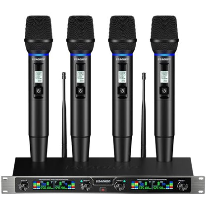 Aokeo Wireless Microphones System, 4 Channel UHF Wireless Mics,with 4 Handheld Dynamic Microphones,Metal Receiver for Karaoke,Singing,Wedding,Party,Speech - color: Brown