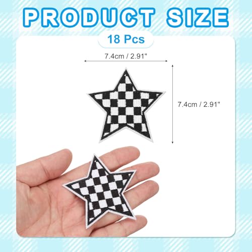 MECCANIXITY 18 Pcs Star Checkered Iron on Patches Embroidered Appliques Sew on Patches for Jacket Denim Collection Clothes Dress Hats Jeans DIY Accessory, Black/White - color: Black/White