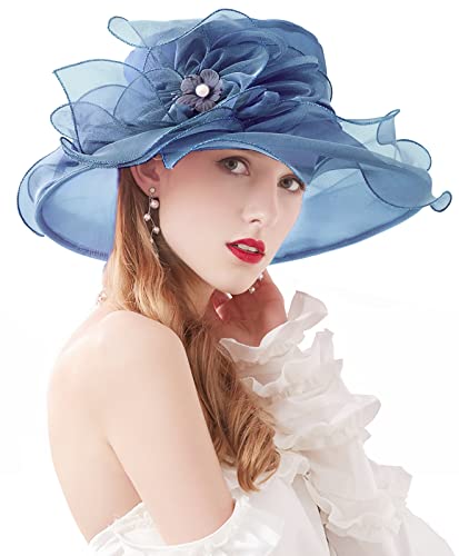 Women Derby Fascinator Hat Organza Church Wedding Hats Wide Brim Cocktail Tea Party Hat - color: 07 Navy Blue