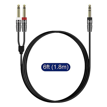 J&D 1/4 Inch TRS to Dual TS Cable, Gold Plated 6.35mm Stereo Male to 2 Mono Male Y Splitter Breakout Adapter for Audio Interface, Mixer, Studio Equipment, 6 Feet - size: 6 Feet