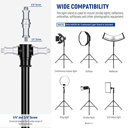 NEEWER 13ft/400cm Air Cushioned Light Stand, Heavy Duty Metal Photography Tripod Stand with 1/4” to 3/8” Reversible Screw Adapter and 3 Way Mounting Interface, Load Capacity: 6.5lb/3kg, ST-400AC | Photography Tripod Stand, 1/4" to 3/8" Reversible Spigot,