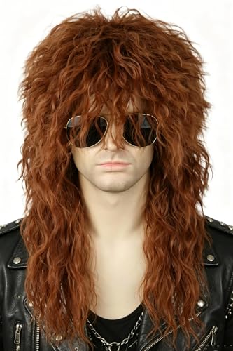 80s Wigs for Men Reddish Brown Long Wavy Mullet Wigs Heavy Metal Rock Disco Wig - color: Reddish Brown