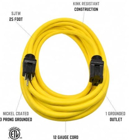 Clear Power 25 ft 12/3 SJTW Heavy Duty Outdoor Extension Cord, Water & Weather Resistant, Flame Retardant, Yellow, 3 Prong Grounded Plug, CP10144 - size: 25 ft