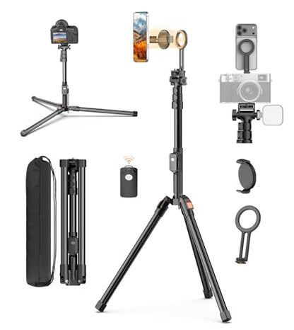 74" Magnetic Phone Tripod with Phone Clip for Magsafe, Camera Tripod | Aluminum Phone Tripod with Remote & Cold Shoe,Camera Stand Tripod for iPhone/Canon/Nikon/DSLR/Digital Camera Accessory Kits - size: 74in