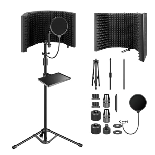 Aokeo Studio Recording Microphone Isolation Shield with Pop Filter & Tripod Stand,High Density Absorbent Foam to Filter Vocal,Foldable Sound Shield for Blue Yeti and Condenser Microphones