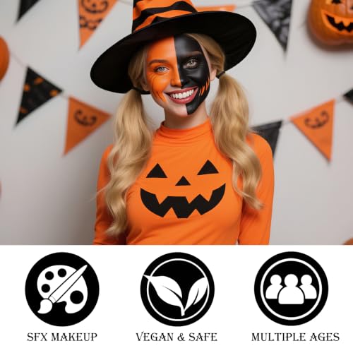 Black Red Orange Face & Body Paint - Blendable Facepaint Foundation with Sponge & Brush for Skin, Professional Halloween Face Make-up Kit for Scarecrow Tiger Devil Pumpkin Fox Lion Costume - color: 09 Pumpkin/Scarecrow