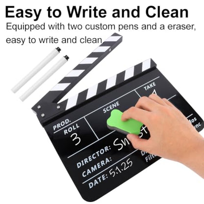 Film Slate Clapper Board, Acrylic Black Movie Directors Clapboard | 9.6 x 11.7 In Movie Clapboard Cut Action Scene Prop for Photography and Video Shooting, Comes with Magnetic Eraser and 2 Pens