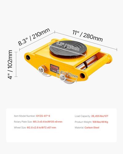 VEVOR 4-Piece Machinery Skate Dolly, 26,455 Lbs, 12T Industrial Machinery Mover, Heavy Duty Carbon Steel, 360° Rotation, Non-Slip Cap, Yellow - size: 4 Packs-Steel Wheels