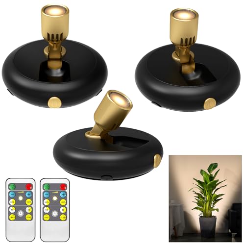 3Pack Battery Operated Indoor Plants SpotLight ,Tree Light Picture light with Remote,Dimmable Mini Led Accent Spotlight for Paintings with Timer,Wireless Uplight for Trees Plants Frame Gallery Closet