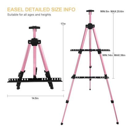 RRFTOK Pink 17-66 Inch Adjustable Art Easel Stand for Painting and Sign | Portable aluminum tripod easel for painting, sign, canvas holder, floor and display use - style: 66Pink 1-pack
