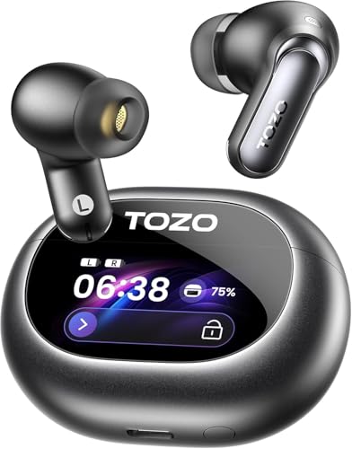 TOZO NC20 Pro Active Noise Cancelling Wireless Earbuds, Smart LCD Screen | LDAC Hi-Res Audio, Stereo Bass, 6 Mics AI Call Ear Buds, 80H Playtime, IPX8 Waterproof, 32 EQ via App Wireless Charging Black - color: Ink Black