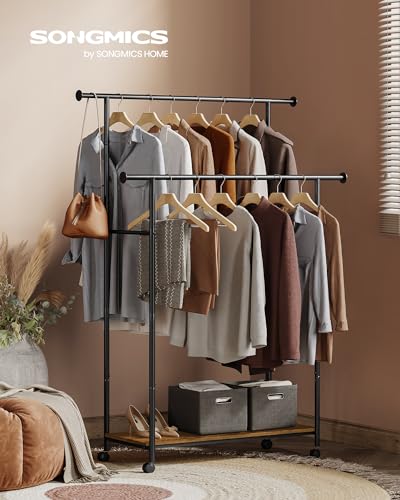 SONGMICS Clothes Rack with Wheels, Steel Garment Rack with Shelf | Clothing Rack for Hanging Clothes, 38.8 Inches, Loads up to 220 lb, Black and Rustic Brown, COLTEN Collection UHSR152B01 - color: Black, style: Double Rod