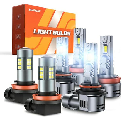 SEALIGHT 9005/HB3 H11/H9/H8 Light Bulbs Combo and F1 H11 LED Fog Light Bulbs 100,000LM Ultra-Bright 6500K 9005 H11 Bulbs with 25000RPM Cooling Fan, 360° Illumination, True Plug-N-Play, Pack of 6 - color: White, size: 9005 H11+H11