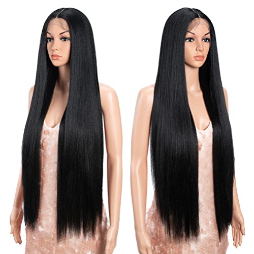 Style Icon 36" Lace Front Wigs Super Long Yaki Straight Wig With Baby Hair 130% Density Synthetic Wig (36 Inches, 1B)