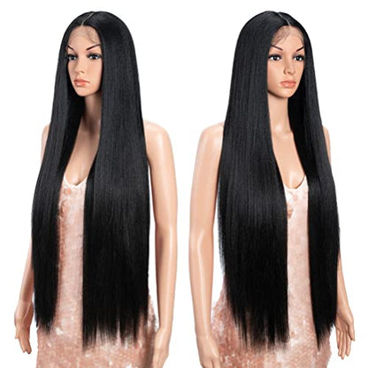 Style Icon 36" Lace Front Wigs Super Long Yaki Straight Wig With Baby Hair 130% Density Synthetic Wig (36 Inches, 1B)