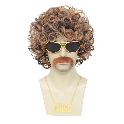 ByouByou 70s 80s Retro Disco Men Afro Wig Set, Pre-Styled Fluffy Curly Synthetic Wig with Accessories, Halloween Cosplay Costume Kit (Blonde Mixed Brown) - color: Blonde Mixed Brown