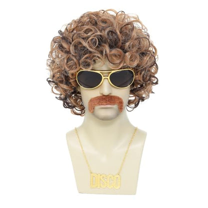 ByouByou 70s 80s Retro Disco Men Afro Wig Set, Pre-Styled Fluffy Curly Synthetic Wig with Accessories, Halloween Cosplay Costume Kit (Blonde Mixed Brown) - color: Blonde Mixed Brown