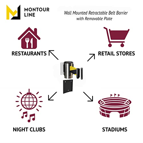 Montour Line WM115 Wall Mounted Retractable Belt Barrier with Standard Belt End, Removable Mount, Polished Stainless Steel Casing (8.5 ft Black with"Please Wait HERE" White Letters Belt) - color: Black With "Please Wait Here" White Letters, size: 8.5 ft