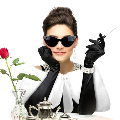 7 Pcs 1920s Flapper Costume Accessory Women Lady Vintage Elegant | Retro Old Hollyween Aesthetic Pearl Accessory Outfit,Faux Fur Shawl,Cat Eye Sunglasses,Bracelet Earring Necklace Glove