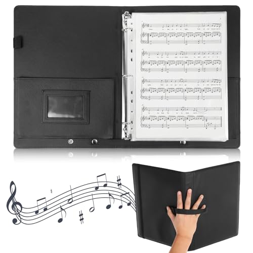 Choral Sheet Music Folder Organiser 3 Ring Black Choir Binder with Hand Strap PU Piano Music Sheet Holder Storage with Plastic Sleeves Fits Letter Size 8.5 x 11 Inch for Guitar, Orchestra, Band