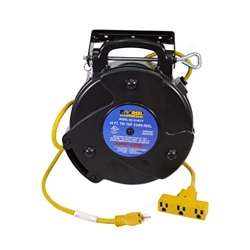 Alert ProReel Pro-Grade 8140TP Heavy-Duty Retractable Extension Cord Reel | 40' - 12/3 SJTOW Electrical Retracting Cord | Tri-Tap Grounded Outlet with Power Light | 15 Amp Resettable Circuit Breaker