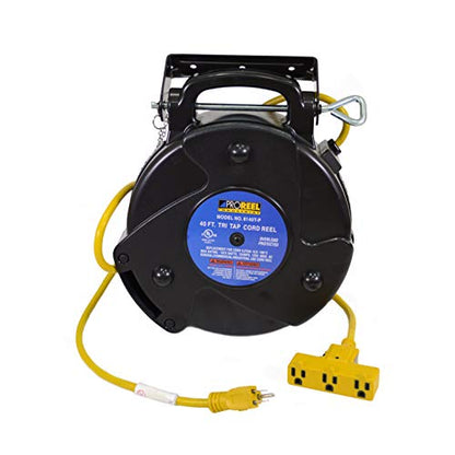 Alert ProReel Pro-Grade 8140TP Heavy-Duty Retractable Extension Cord Reel | 40' - 12/3 SJTOW Electrical Retracting Cord | Tri-Tap Grounded Outlet with Power Light | 15 Amp Resettable Circuit Breaker
