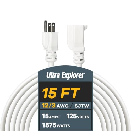 12 Gauge Heavy Duty Extension Cord 15 Ft, 3 Prong Grounded | Cold Resistant, Waterproof, Indoor & Outdoor Use, SJTW, 15A 125V 1875W, White, ETL Listed - color: White, size: 15 FT