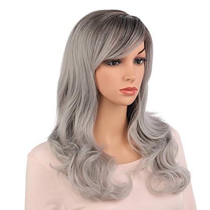 Onedor Full Head Beautiful Long Curly Wave Stunning Wig Charming Curly Costume Wigs with Fringe (Brown Silver Ombre-6TST0906) - color: Brown Silver Ombre-6TST0906