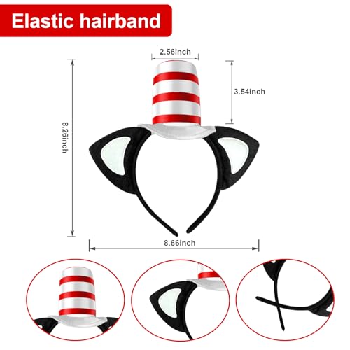 GJD Book Character Costume Accessories Set, Cat Ears Headband with Red and White Stovepipe Hat, Red Bow Tie, White Gloves for Dress Up, Halloween, Cosplay