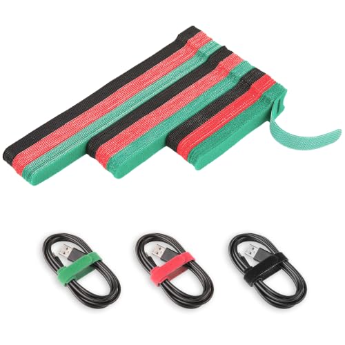 90PCS Reusable Cable Ties - 4+6+8 Inch, Heavy Duty Hook & Loop Straps in Black Red Green, Adjustable & Multi-Purpose Fastening, Color-Coded Wire Ties for Home Office, Garage & Cable Management - color: Black+red+green 4+6+8 In-90 Pcs