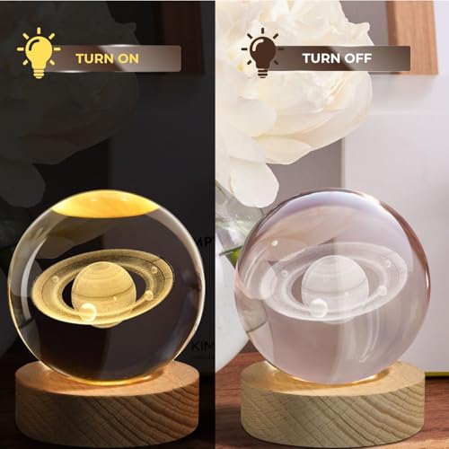 Flexzion 3D Saturn Crystal Ball Night Light - LED Light Hologram Glass Lamp with Solid Wood Base, USB Powered Crystal Ball Lamp with Adjustable Brightness for Home Decor Display Gift, 2.4inch(60mm) | Saturn Lamp with Solid Beech Wood Base and Adjustable B