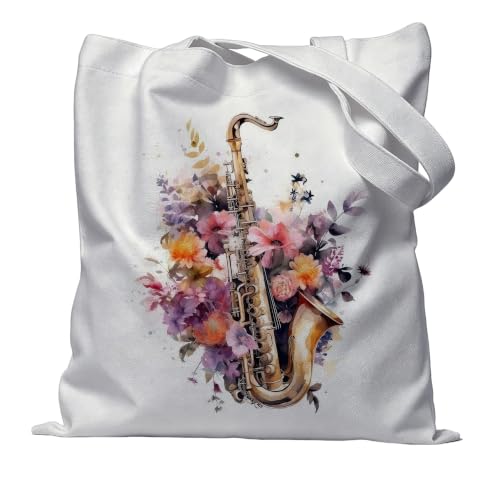 Aesthetic Music Floral Tote Bag for Women, Reusable Canvas Bag with Musical & Botanical Design, Daily Use Gift - color: White-music-007