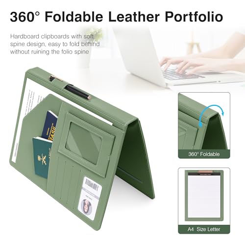 Ospelelf Faux Leather Clipboard with Storage Foldable Clipolio with Notepad 8.5 x 11, Green Business Padfolio Portfolio for Women - color: Green