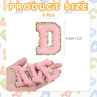 MECCANIXITY Chenille Letter Patches 2.2" Self Adhesive Alphabet D Stick on Embroidered Patch Sew on Letter Stickers Applique for Repairing Clothing Jeans Shoes Hats DIY(Pink, Pack of 6) - style: Letter-D