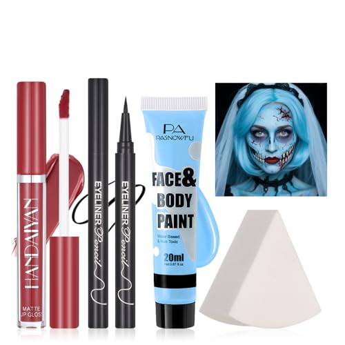Halloween Makeup Kit for Sally and Corpse Bride Looks, Water-Based Non-Toxic Face Paint Set with Light Blue Face Paint, Red Lip Gloss, Black Eyeliner for Halloween Cosplay, Stage - color: Light Blue