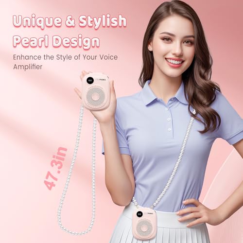 Voice Amplifier for Teacher,Portable Wired Voice Amplifier with Microphone Headset and Speaker,Rechargeable Mini Voice Amplifier for Classroom,Speech,Training,Tour Guide,Pearl Chain Design-Pink - color: Pink