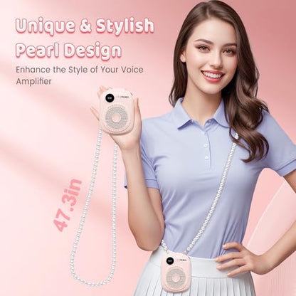 Voice Amplifier for Teacher,Portable Wired Voice Amplifier with Microphone Headset and Speaker,Rechargeable Mini Voice Amplifier for Classroom,Speech,Training,Tour Guide,Pearl Chain Design-Pink - color: Pink