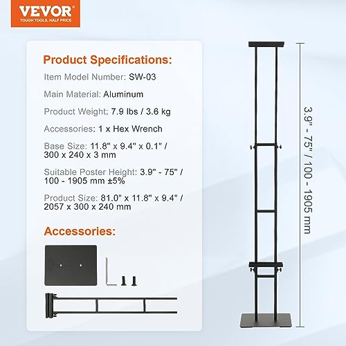 VEVOR Poster Stand, Adjustable Height Up to 75", Double-Sided Heavy Duty Pedestal Sign Holder, Floor Standing Sign Holder Banner Stand with Shock-absorbing Base for Display, for Board and Foam, Black | Double-Sided Floor Standing Sign Holder Banner Stand